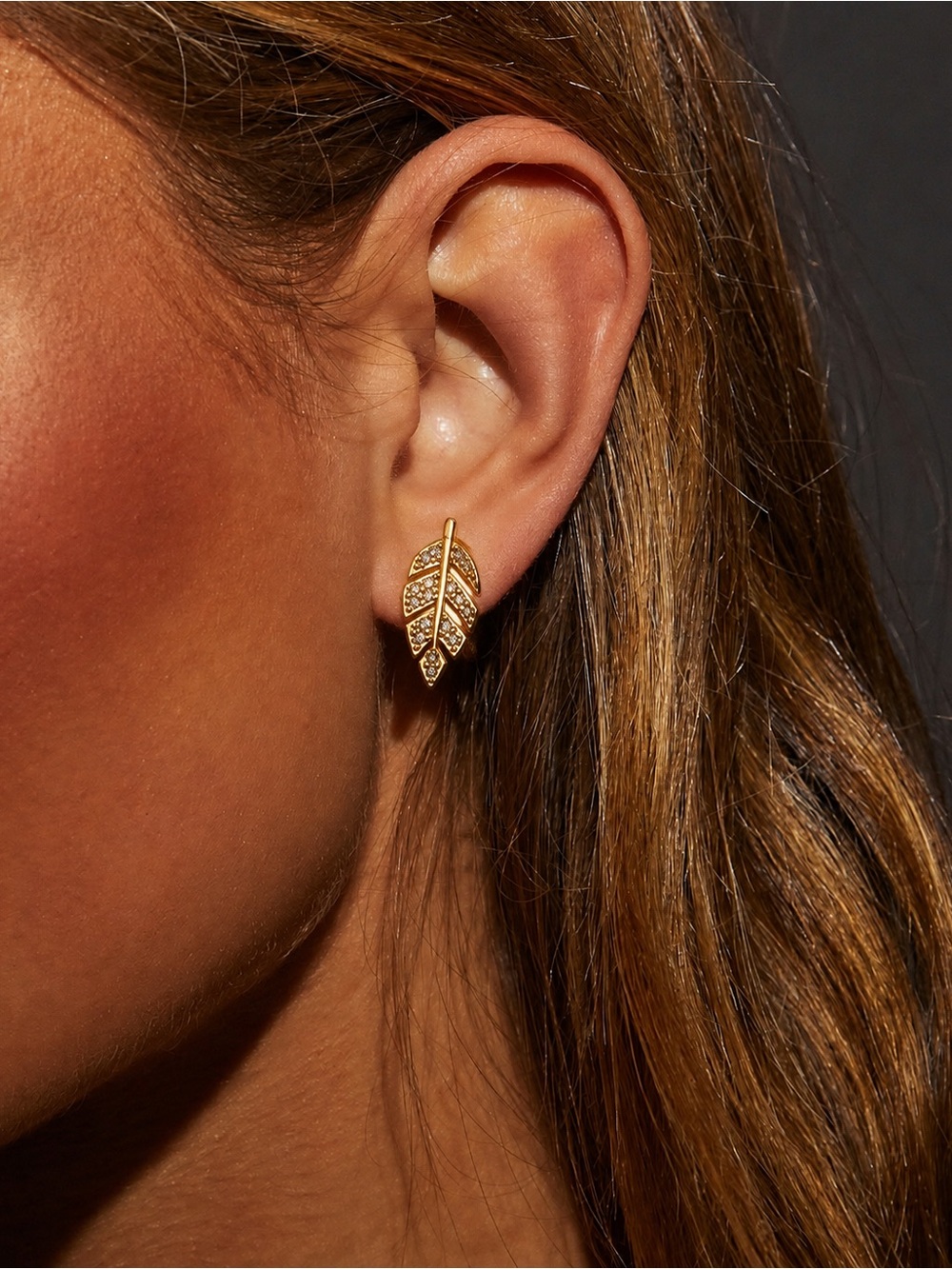 Gold Leaf CZ Stud Earrings